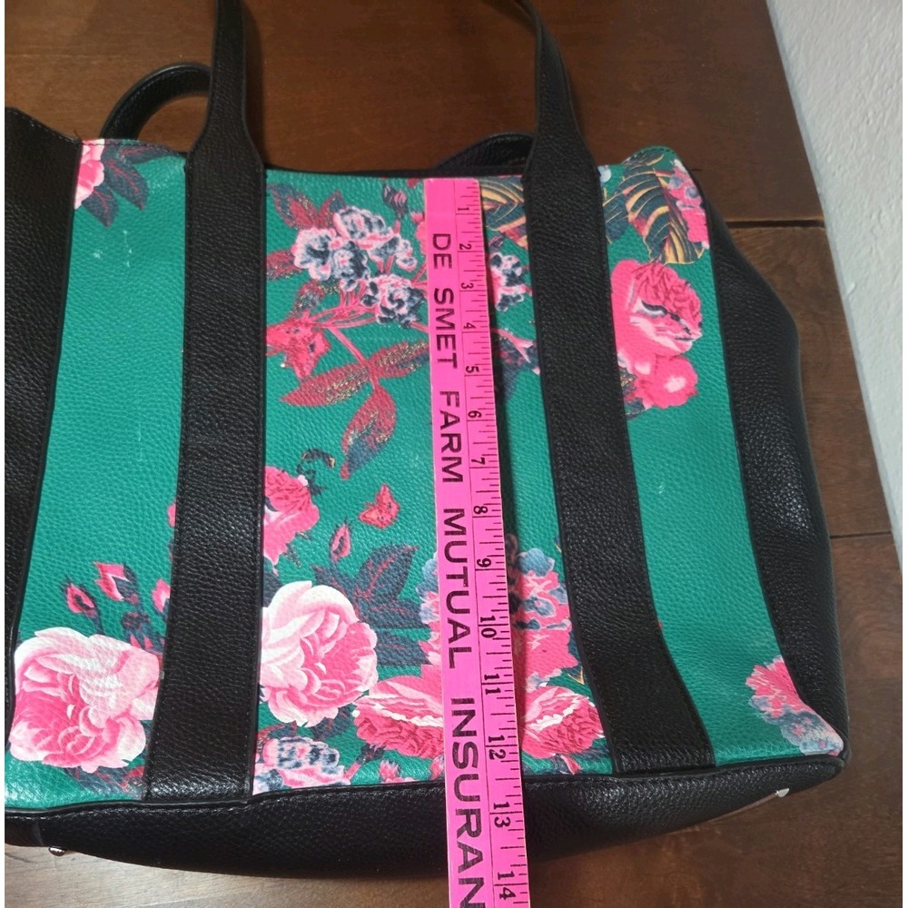 1990 Gold Steve Madden Floral Green Tote Purse Pink Flowers Shoulder Bag - Picture 4 of 6